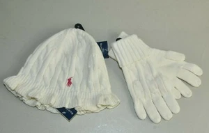 NEW Ralph Lauren Girls 2 PC  KNIT Ruffled Hat Gloves white Cream Pink Logo - Picture 1 of 8