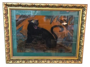 Mid Century Black Panther Original Chalk Drawing Signed Ornate Gold Framed... - Picture 1 of 5