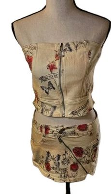 Top/falda de mezclilla sin tirantes rosa amarilla de 2 piezas Y2K, años 90, retro Foto 1 de 4