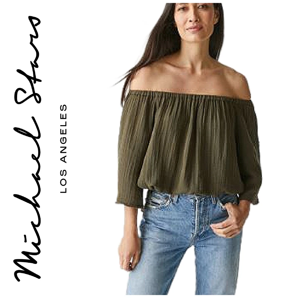 Michael Stars Isabel Sz L Olive Green Double Gauze Convertible Top Blouse - Image 1 of 4