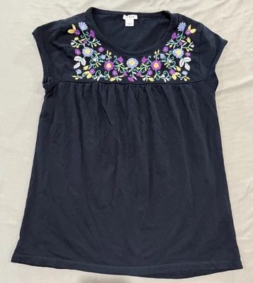 J Crew Navy Embroidered Cap Sleeve Cotton Floral Summer Top Size Small - Image 1 of 4