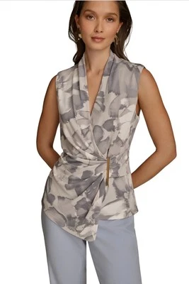 Blusa Donna Karan New York Sin Mangas Cuello en V Floral Imitación Envolvente Cristal Hielo Talla XS Foto 1 de 4