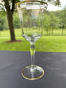 West Virginia Glass Gold Trim Four Gold Band Panel Optic 10oz Water Goblet EUC - Picture 1 of 7