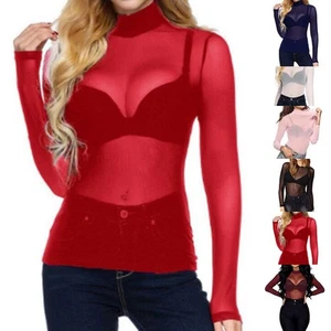 Fashion Bottoming Shirt Hot Girl Transparent Mesh Turtleneck Ultra-thin - Picture 1 of 36