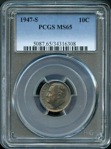 1947 S SILBER ROOSEVELT GROSCHEN MÜNZE PCGS MS65 GETÖNT - Bild 1 von 2