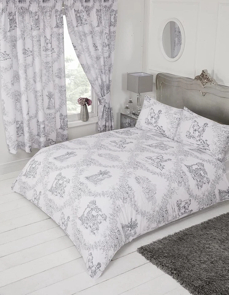 MY HOME Double Bed Toile De Jouy Grey Floral Traditional Duvet Cover Set