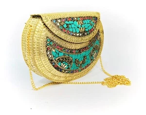 multicolor green mosaic metal clutch golden accent - Picture 1 of 11