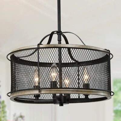 Lámpara de araña LNC 4 luces mate madera negra y marrón moderna granja jaula de tambor Foto 1 de 4