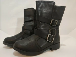 Womens Size 6 Christi Black Faux Leather w/Buckles Flat Boots Riding/Biker Shoes - Picture 1 of 10