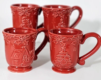 Williams Sonoma Holiday Christmas Red Embossed 3D Mugs Cups In Box Set of Four - Image 1 of 4