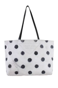 Prada Womens Canvas Polka Dot Medium Tote Bag Handbag White Black Combo - Picture 1 of 19