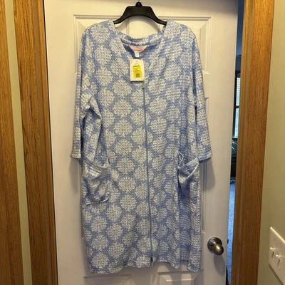 Stan Herman Robe Blue & White Long Zip Up House Coat Pocket's Women's Size 1X - Image 1 of 4