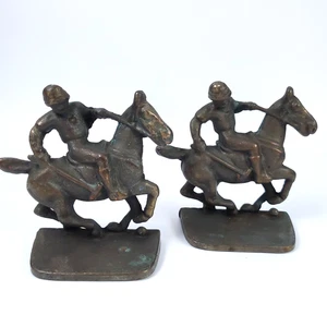 Polo Player on Horseback Bookends Pair 4.25” Bronze Patina Equestrian Decor VTG - Picture 1 of 7