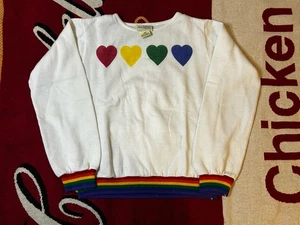 True Vintage 60s Rainbow Heart Sweater Retro Knit White S - Picture 1 of 3