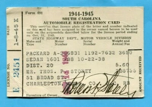1938 PACKARD SEDAN AUTO SC REG CARD FOR 1944-45 THOMAS P STONEY CHARLESTON SC - Picture 1 of 2