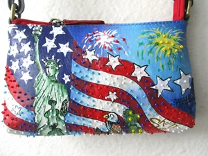 Hand Painted Pouch Sharif Mini Blue Multi Leather Crossbody Wristlet NEW - Picture 1 of 8