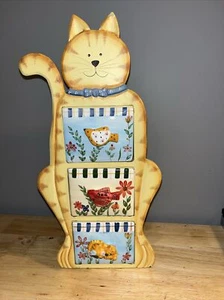 Vintage Decorative Wood Cat Storage/Jewelry Box With Floral Ceramic Drawers - Picture 1 of 24