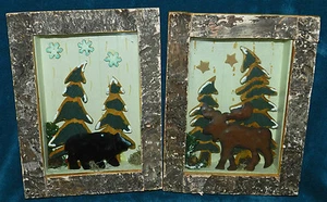 2 SCHÖNE RUSTIKALE PRIMITIVE DISTRESSED SCHATTENKÄSTEN/DIORAMEN ELCH & BÄR - Bild 1 von 6