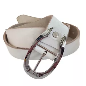 White thick Leather Belt Silvertone Horseshoe Buckle Rhinestone woman's Xl 38+ - Picture 1 of 13