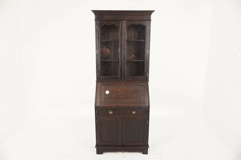 Antique Arts & Crafts Oak Secretary Drop Front Desk Bookcase Scotland 1910 H1137 Cover
