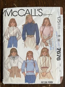 McCalls Schnittmuster 7676 Mädchen 80er Jahre Cottagecore Blusen Größe 10 UNGESCHNITTEN - Bild 1 von 2