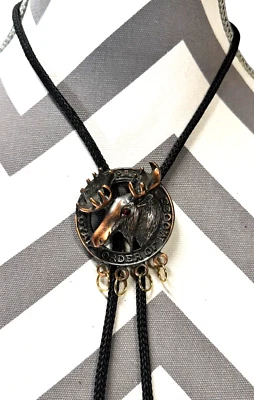 Loyal Order Of The Moose Bronze Colored Bolo Tie - Black Nylon Cord - Gold Tips  - Image 1 of 4