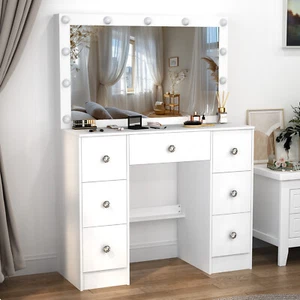 Makeup Vanity Desk with Mirror & Lights, Vanity Table with 7 Drawers LED Dresser - Picture 1 of 7