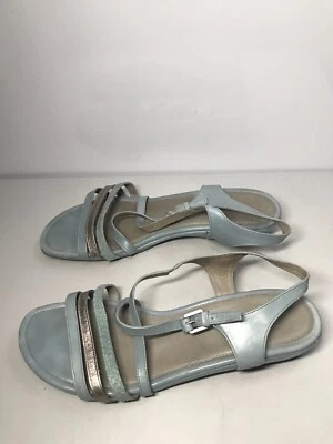 Ecco 蓝色皮革银色露趾低楔形带凉鞋女式 40EU/9.5US 码 — 第 1/4 张图片