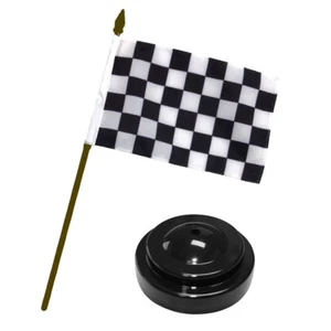 Schwarz und weiß kariert Racing Gold Stab Flagge 4"x6" Schreibtisch Set schwarze Basis  - Bild 1 von 1
