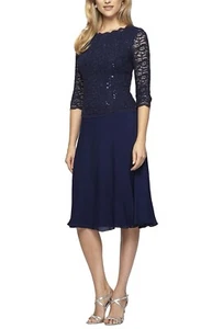 Alex Evenings Women's Tea Length Sequin Mock Dress - Navy - Size 14 - Picture 1 of 3