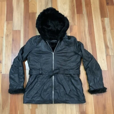 Abrigo parka de cuero Wilson para mujer XL negro con capucha forrado de piel sintética con cinturón Foto 1 de 4