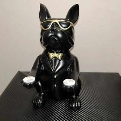 Estátua de buldogue francês com bons copos de resina, banco de bandeja de chaves, preto - Imagem 1 de 4