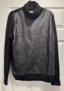 Woman EQUIPMENT FEMME Black Leather Front Wool Turtleneck Sweater Sz Large Top - Picture 1 of 5