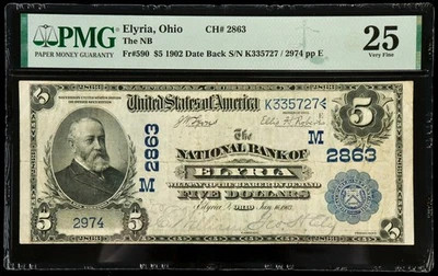 Fr#590 1902 $5 US The National Bank of Elyria Ohio National Currency PMG 25 VF - Image 1 of 2