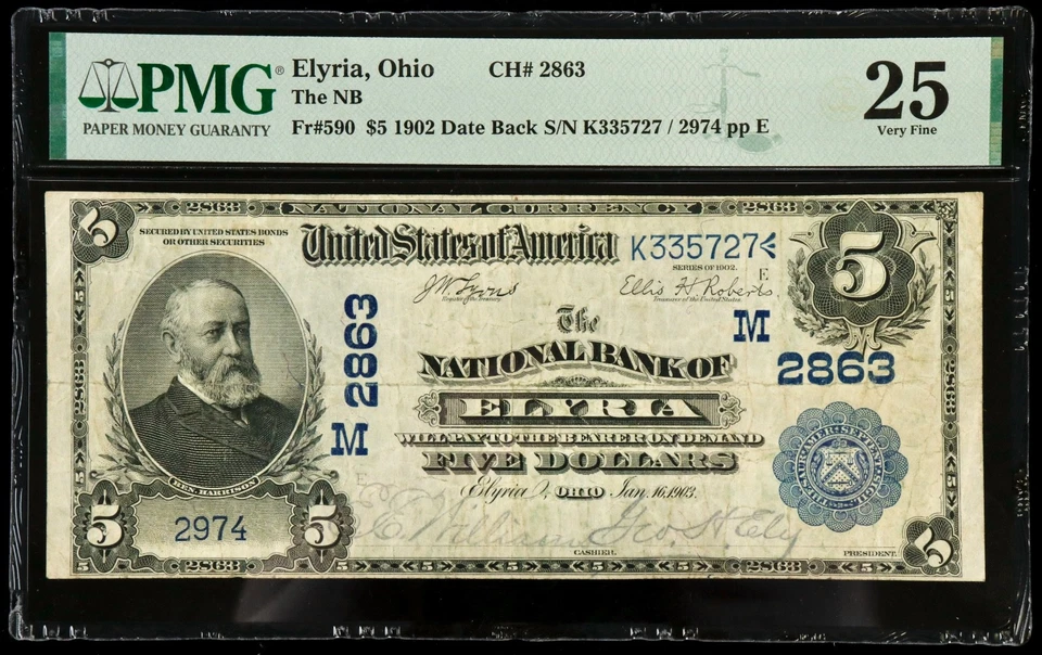 Fr#590 1902 $5 US The National Bank of Elyria Ohio National Currency PMG 25 VF - Image 1 of 2