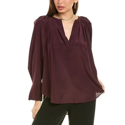A.L.C. Blusa Top $350 Sólida Plisada Seda Cuello en V Alto-Lo en V en Vino Talla 2 Foto 1 de 4