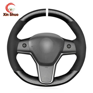 Black Suede Car Steering Wheel Covers Braid For Tesla Model 3 2017-2020  Model Y - Picture 1 of 13