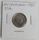 Vintage-Netherlands, 1980, 25c Coin-Queen Juliana. KM 183. FREE Ship USA