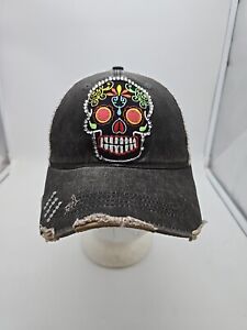 Casquette chapeau crâne noir camionneur sangle arrière en détresse Day of the Dead