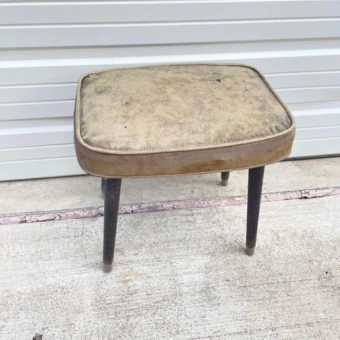 Vtg MCM Stool Tapered Legs Padded Vinyl Mid Century Modern Tan Sewing Ottoman HN Cover
