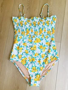 J. Crew Factory Smocked One-Piece Swimsuit Yellow Floral size Medium NWT - Picture 1 of 3