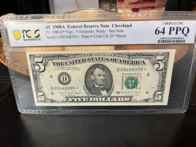 ⭐ Fr. 1980-D* Star 1988 A $5 Federal Reserve Note Cleveland PCGS 64 PPQ  - Image 1 of 3
