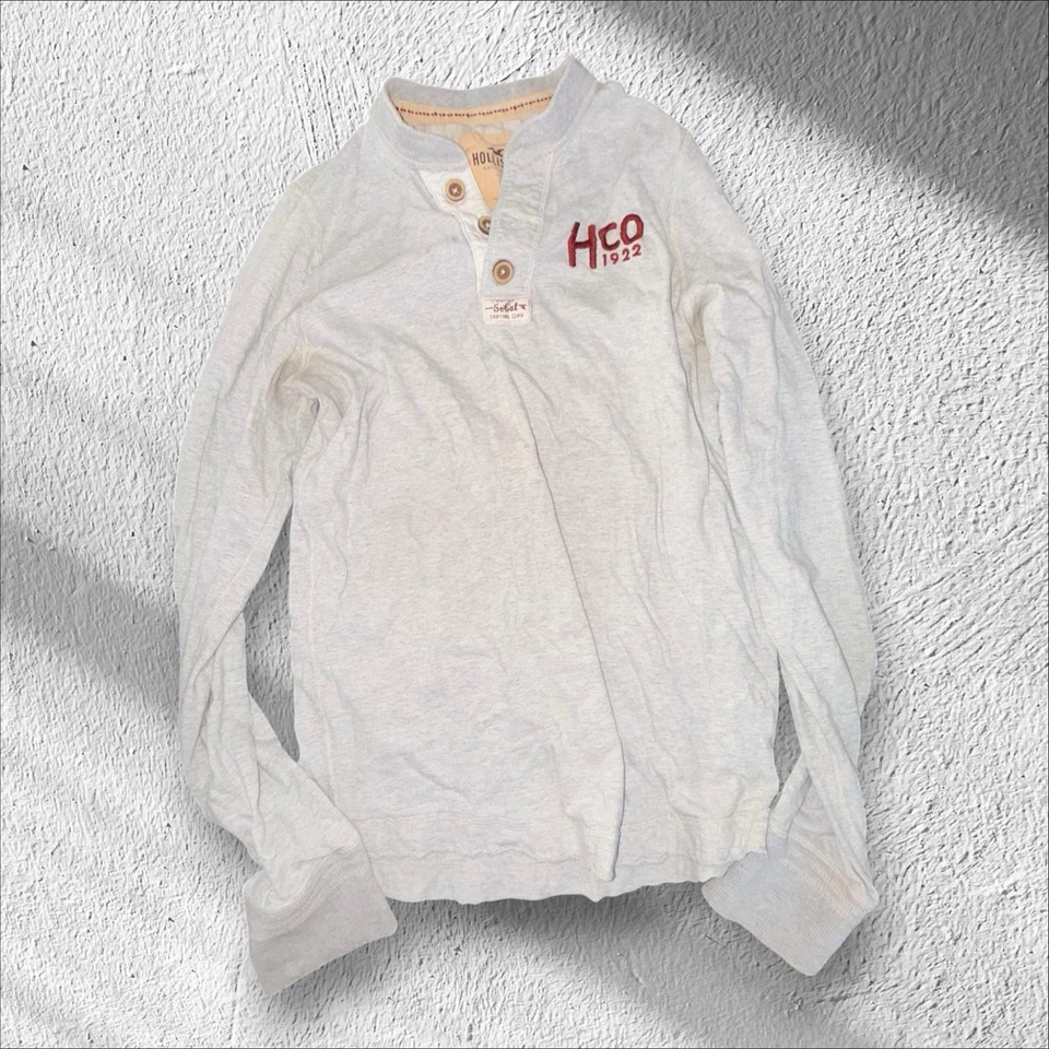 Camisa Hollister Henley Para Hombres Grande Blanca Térmica Tejido Gofre Logo Y2K Manga Larga Foto 1 de 3