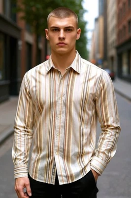 Camisa social masculina listrada média com botões Perry Ellis - Imagem 1 de 4