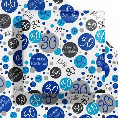 Birthday Wrapping Paper Sheet - 6 Sheets Blue 30th Birthday Design Folded Fla... - Image 1 of 4