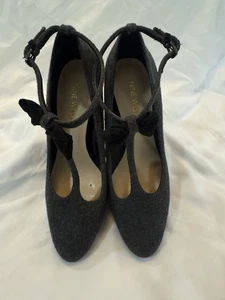 Vintage Nine West graue hochhackige Flanell-Pumps mit T-Riemen und süßer schwarzer Schleife Stil 7M - Bild 1 von 7