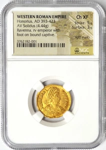 WESTERN ROMAN EMPIRE AD 393-423 HONORIUS AV SOLIDUS (4.44G) NGC ANCIENTS CH XF - Picture 1 of 2