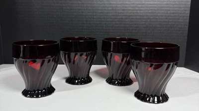 VINTAGE ANCHOR HOCKING GLASSES SWIRL PATTERN ROYAL RUBY RED SET OF 4 TUMBLERS - Image 1 of 4