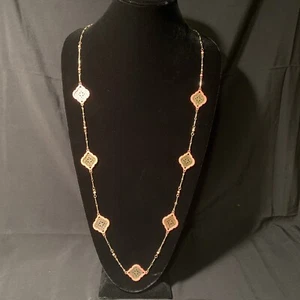 Charming Charlie 42” Gold Tone Necklace With Peach Beads And Trimming - Picture 1 of 3