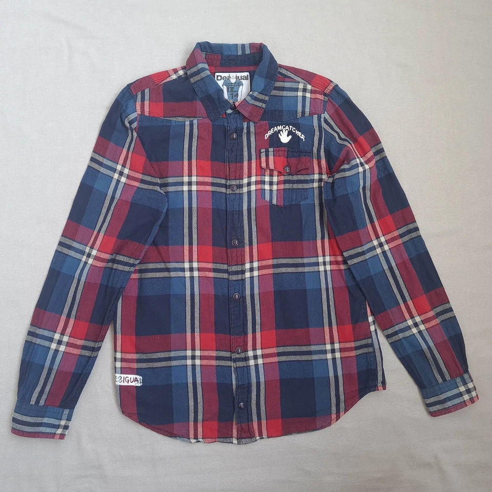 Desigual Kids Boys Snap Button Up Shirt Size 13-14Y Plaid Long Sleeve Cotton - Image 1 of 4